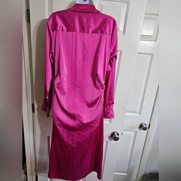 Hers & Mine Hot Pink Satin Tie Front Button Midi Dress Women’s Large Glam Luxe - Picture 3 of 7